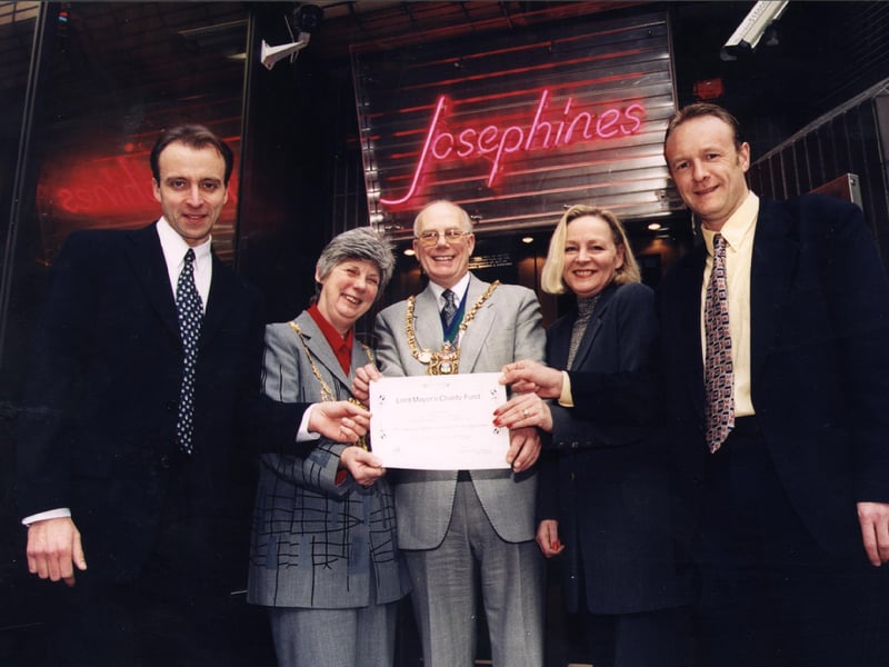 Josephines nightclub, Sheffield, where the then The Lord Mayor is pictured collecting a cheque for money raised at a council bash held there. Pictured from left to right are John Karanec, Margaret Bagshaw, Trevor Bagshaw, Maggie Hill and John Turner