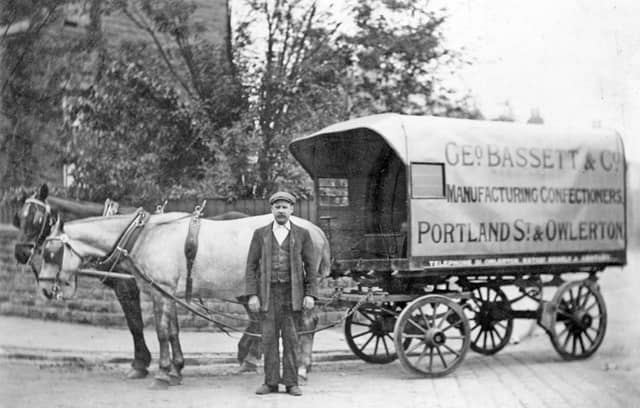 A George Bassett and Co horse drawn delivery van with van driver Bill Jones