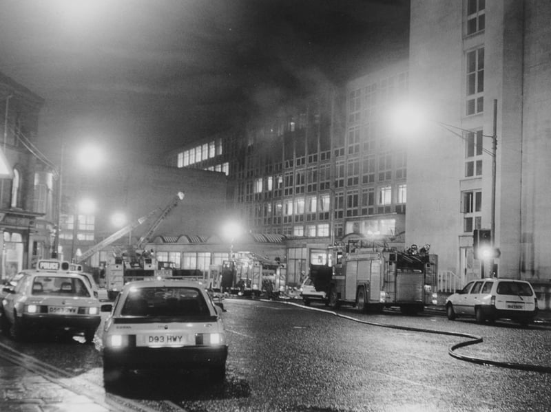 Firefighters tackle a blaze at Leeds University in December 1987