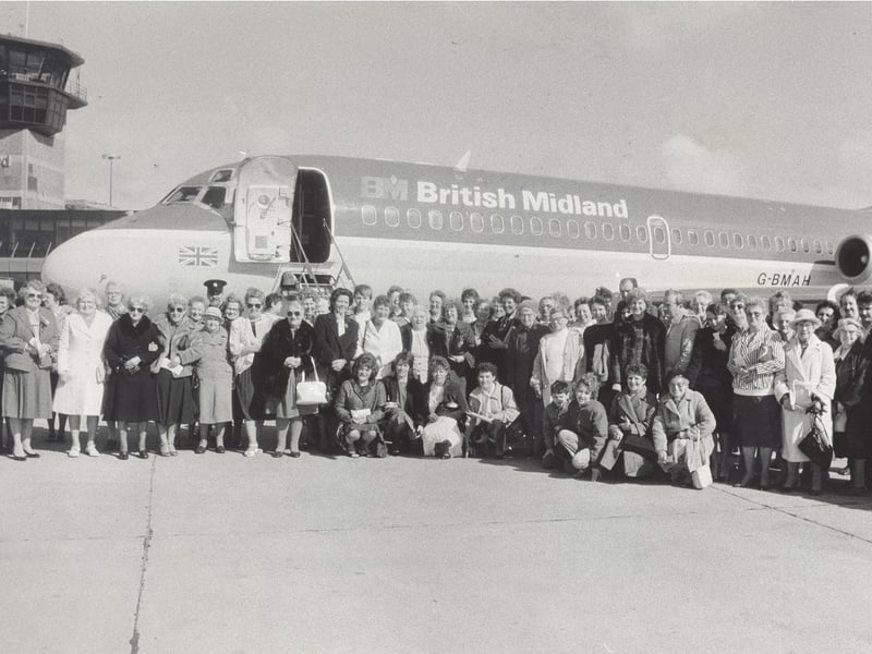 Lucky mums from all over Yorkshire are pictured at Leeds Bradford Airport in March 1987, ready for their Mother's Day flight arranged by the YEP