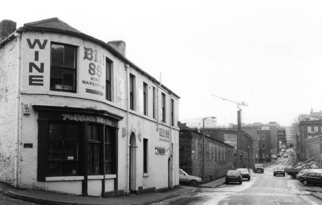 Trippets Wine Bar and Bin 89, wine merchants, on Trippet Lane, looking towards Rockingham Street and Portobello Street, Sheffield city centre, in February 1992
