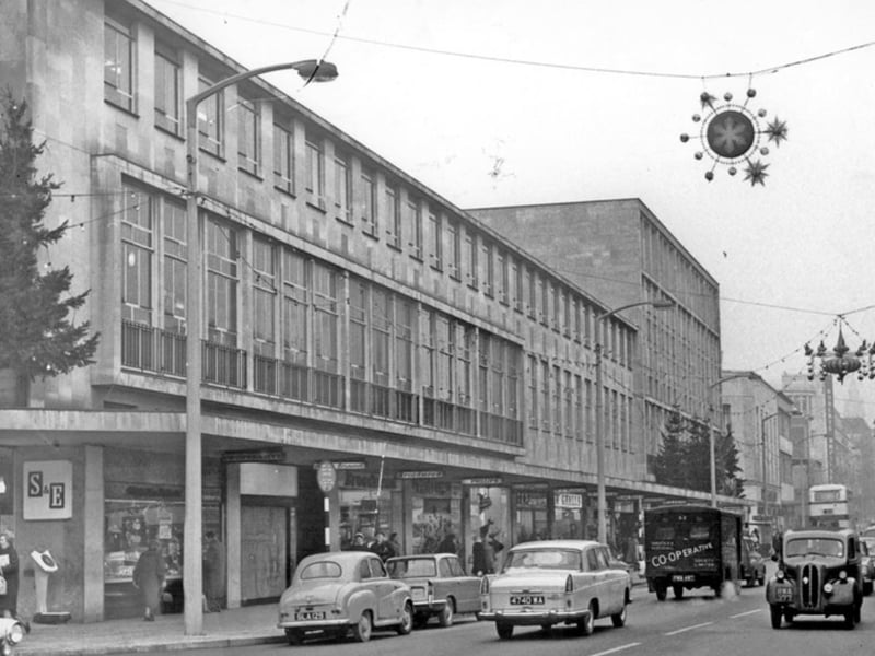 Christmas decorations on The Moor, Sheffield city centre, in 1963, with shops including Sheffield and Ecclesall Co-operative Society