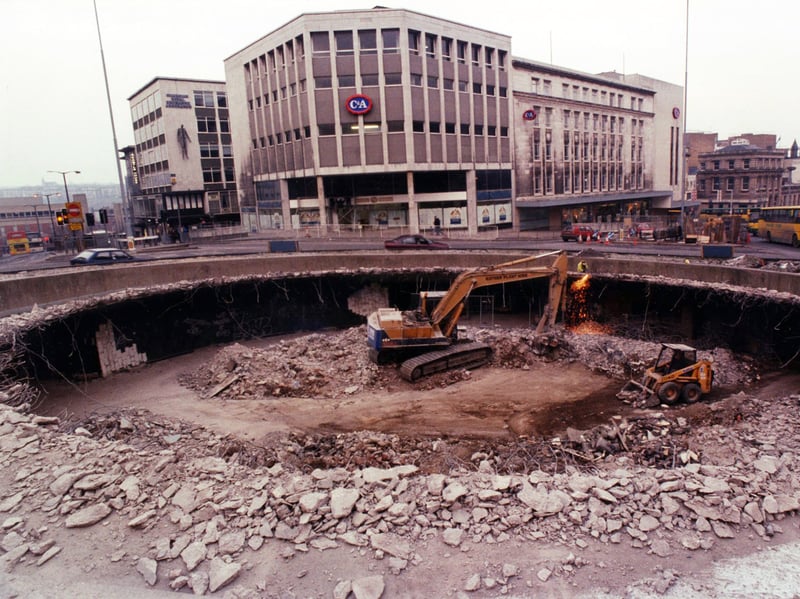 Sheffield's famous Hole in the Road subway at Castle Square is filled in with rubble from the demolition of the Hyde Park flats in February 1994
