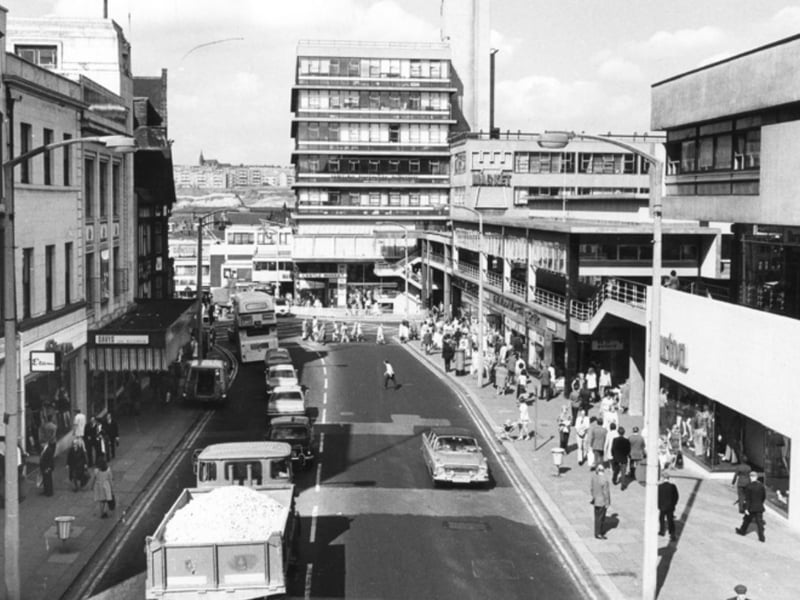 Haymarket, Sheffield city centre, looking towards Castle Market, in September 1973. Pictured are the Brunswick Hotel, Etams, A. Davy and Sons, Montague Burton tailors, and F.W. Woolworth and Co department store