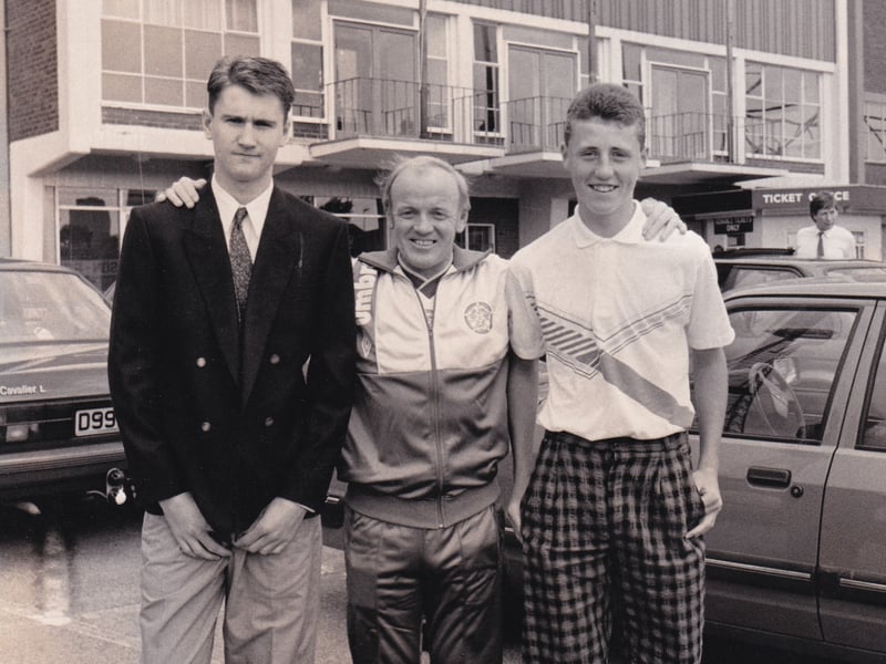 Leeds United manager Billy Bremner with Paul Watson, left, and Andy Crosby in August 1987