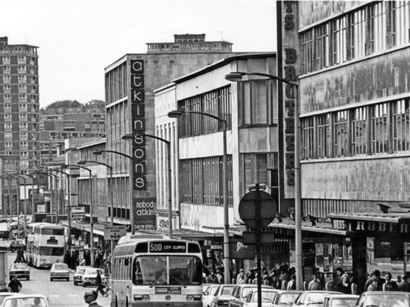 Shops on The Moor, Sheffield city centre, in May 1976, including Roberts Brothers and Atkinsons department stores