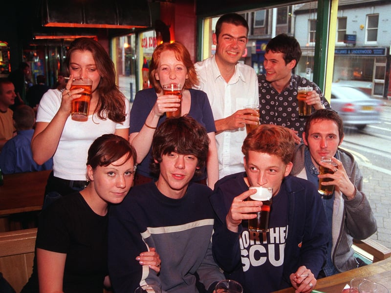 Pictured enjoying a drink at the Cavendish pub on West Street, Sheffield, in 1998 are (LtoR back row) Cathy Abel, Nickie Winsor, Sam Cordery, and Jack Leech, and (front row LtoR) Mary Kennedy, Nat Cordery, Joe Catchpole, and Christopher Wells.