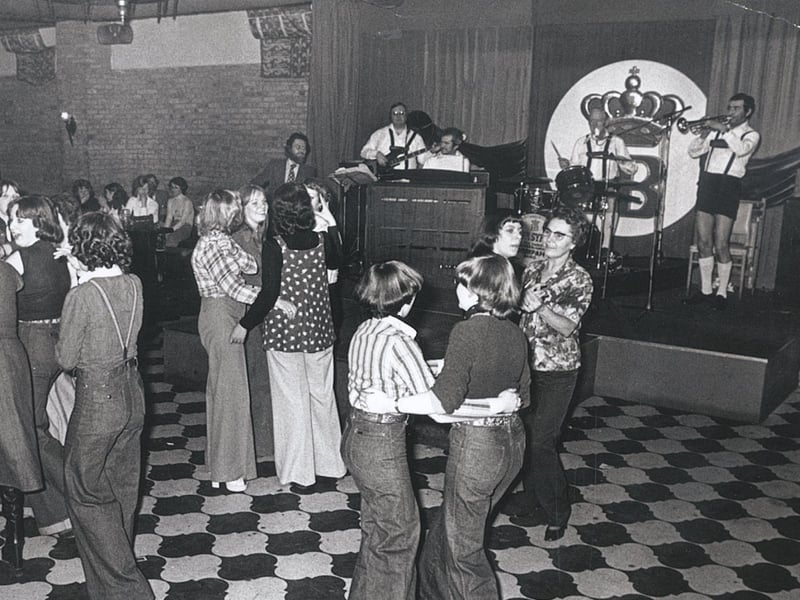Dancing in the Hofbrauhaus German-themed nightclub, on Eyre Street, Sheffield, in April 1977