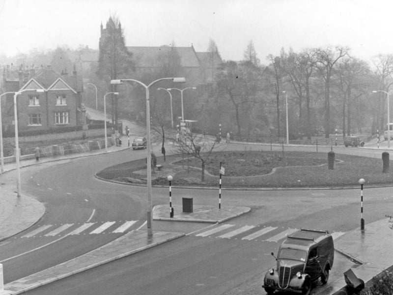 Hunter's Bar, Ecclesall Road, Sheffield, in March 1957, with Brocco Bank in the background