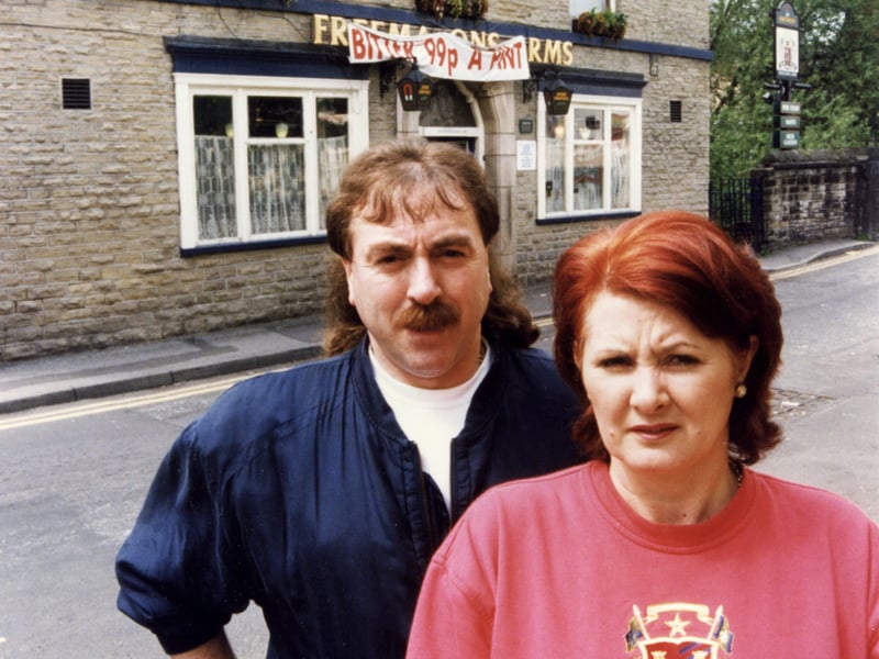 Pictured outside the Freemasons Arms, on Walkley Lane, Sheffield, in May 1996, are landlord Graham Pugh and his wife Susan