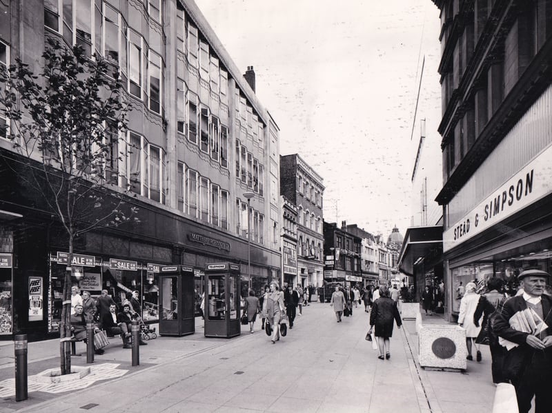 A new shopping precinct in Kirkgate, Leeds, running from Briggate, in June 1972, with shops including Stead & Simpson