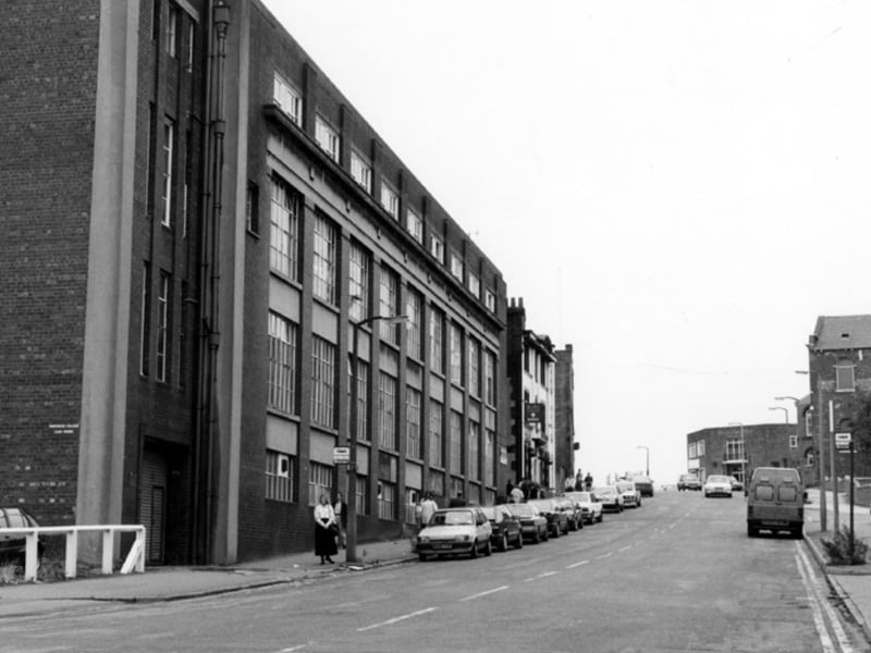 The former Sheffield Corporation Printing Department Works, on Scotland Street, looking towards Methodist New Connexion Chapel (right), in 1991