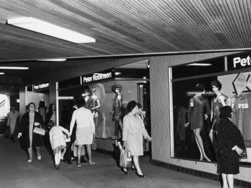 Shop window displays in Sheffield's Castle Square subway, better known as the Hole in the Road, for Peter Robinson fashion department store in 1969
