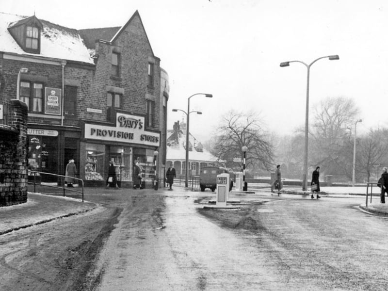 Arthur Davy and Sons, provision merchants, at the corner of Ecclesall Road and Junction Road, Hunter's Bar, Sheffield, in January 1958, looking towards Endcliffe Park.