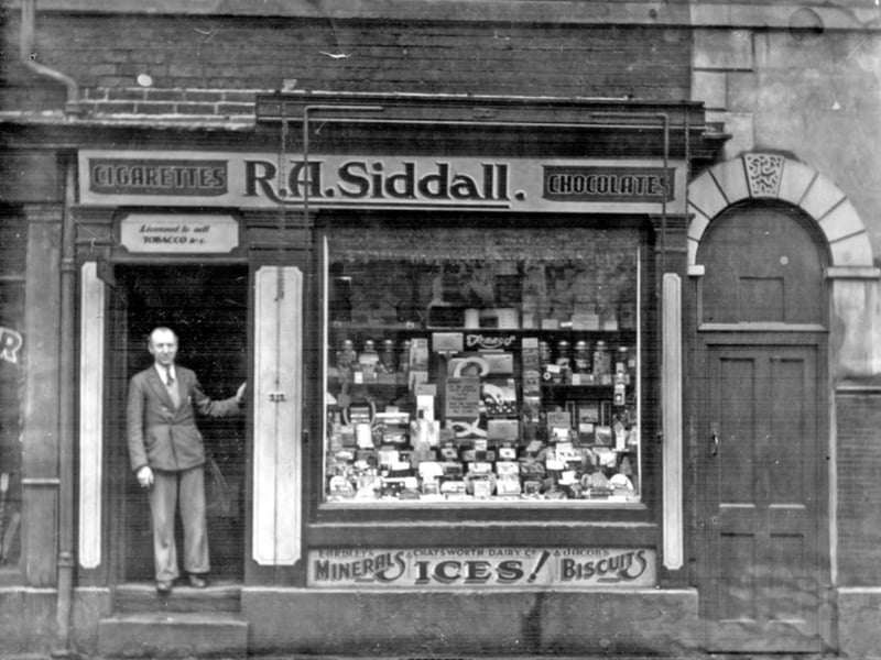 R.A. Siddall, confectioner, on Fulwood Road, Broomhill, Sheffield, in 1934. The shop was next door to the old South Sea Hotel at the bottom of Crookes Road.