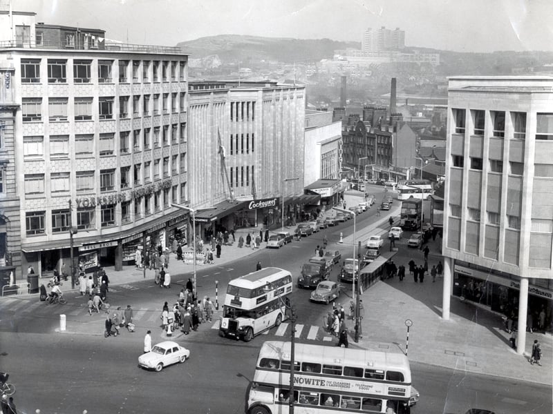 Angel Street, Sheffield city centre, in 1962, showing shops including Cockaynes department store