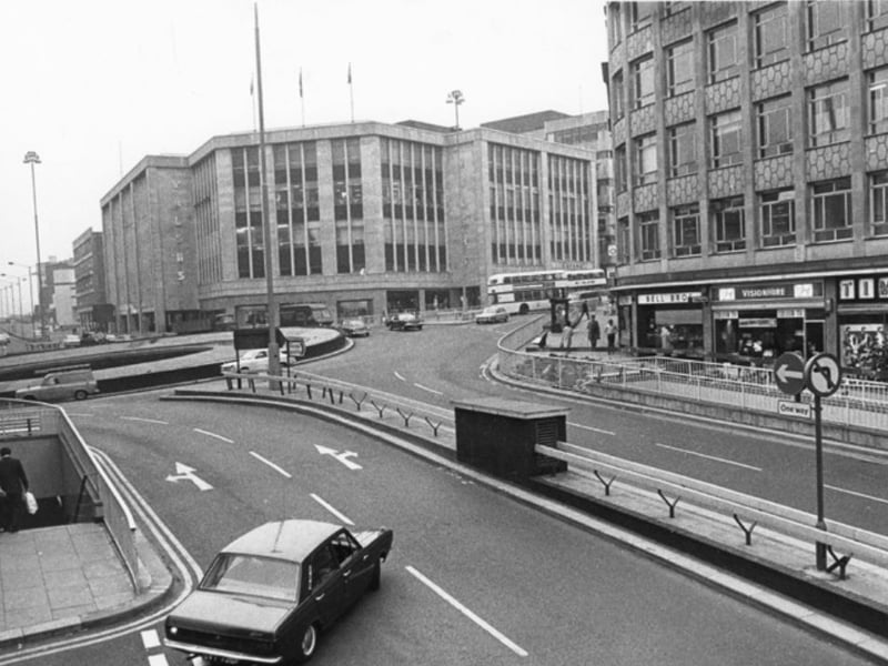 Market Place, Sheffield, in 1971, looking towards The Hole in the Road subway, Castle Square and Arundel Gate