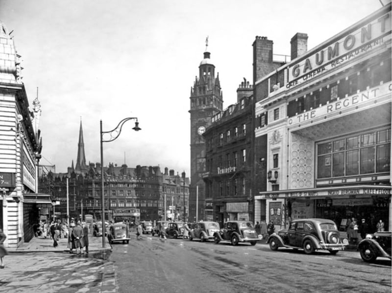 Barker's Pool, Sheffield city centre, in 1945, with the Gaumont Cinema (previously The Regent) on the right