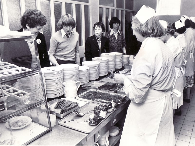 Everyone has their own favourite traditional school dinner from their childhood but a staple in the 80s was the jam roly-poly - a suet pudding spread with jam and rolled up, often served with custard, and sometimes less appetisingly referred to as 'dead man's arm'. If you were really lucky you might have got an arctic roll, made by wrapping vanilla ice cream in a jam-slathered sponge. This photo shows pupils queuing for their dinner at Silverdale School, Sheffield, in 1980.