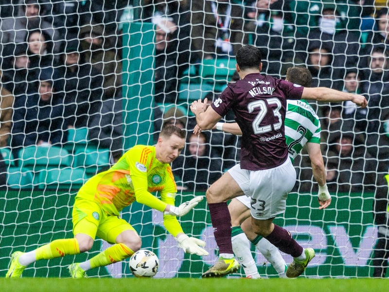 Celtic goalkeeper Viljami Sinisalo makes a save from Hearts' Lewis Neilson. (Photo by Craig Foy / SNS Group)
