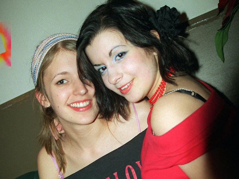 Milly and Jane at the Forum bar on Division Street, Sheffield city centre, in 2003