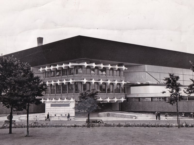 The International Pool, Leeds, built at a cost of £1,200,000, is ready to be opened in September 1967. It was one of the first in Britain to use a new type of glass which combats reflected glare from the water in the pool, and one of the first to support the main pool on stilts. The building also held a practice pool, diving pit and a variety of remedial and other baths, as well as seats for 1,170 spectactors, and parking for 120 cars.