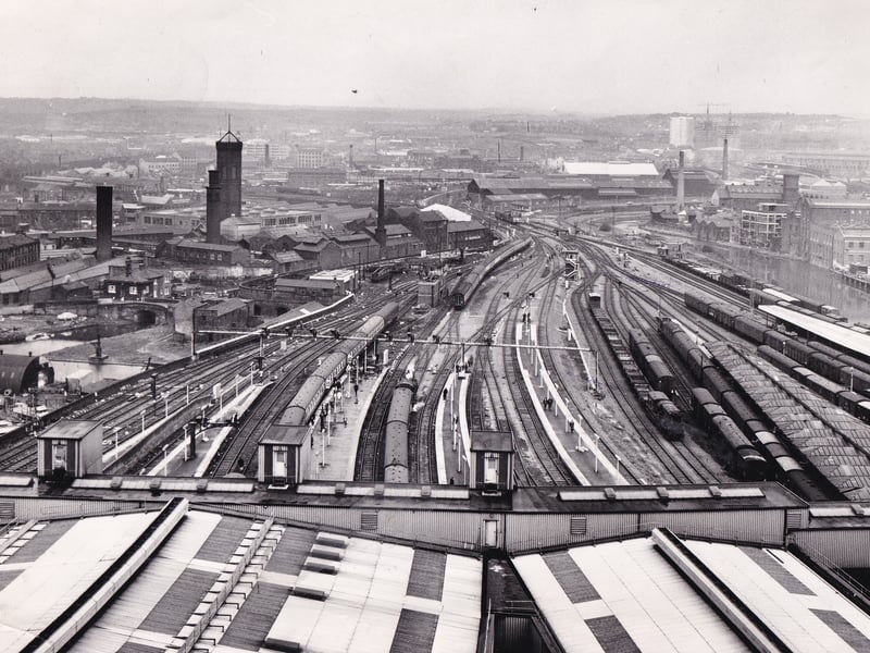 The layout and approaches of Leeds City Station, as seen from City House above the new roof in May 1967