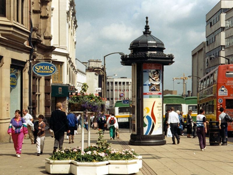 High Street, Sheffield city centre, in July 1991, showing Spoils Kitchen Reject Shop and C&A in the distance