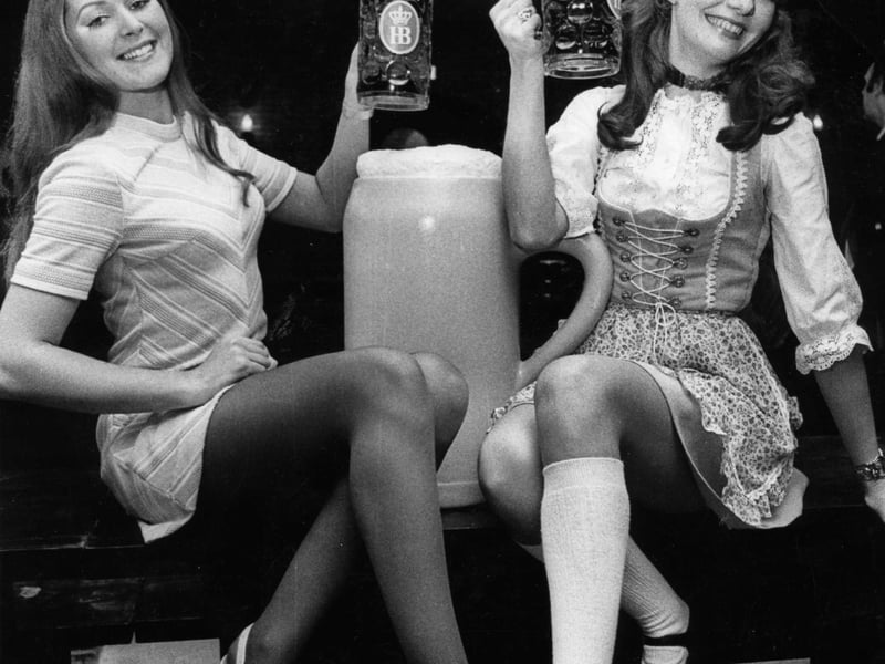 Miss Germany (Heidi Webber) right, and Miss Great Britain (Elizabeth Robinson) at the opening of the German-themed Hofbrauhaus nightclub, Sheffield, in January 1973.