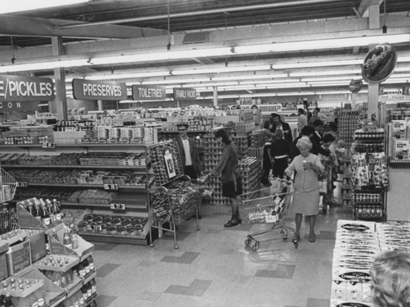 Shoppers inside So Lo Supermarket, on Halifax Road, Sheffield, in August 1977