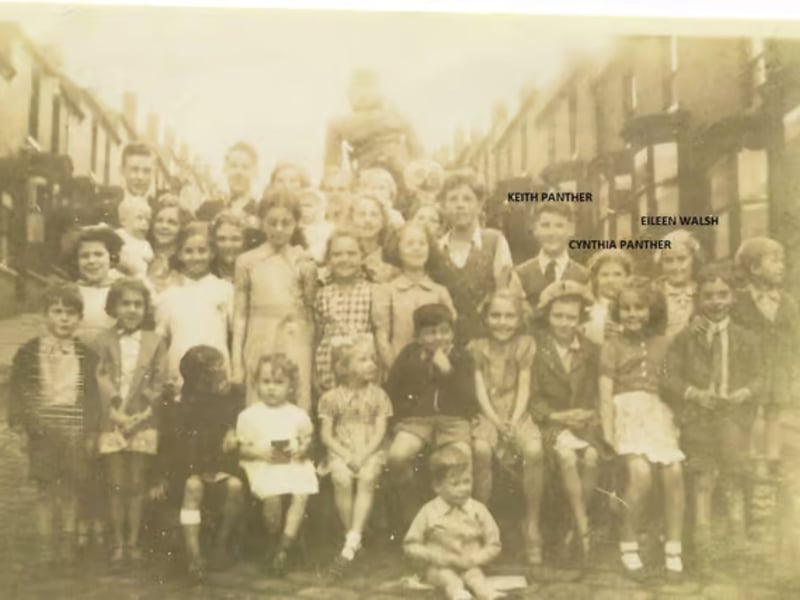 Keith Panther, his sister Cynthia and future wife Eileen Walsh at a VE Day party in Hunter Hill Road, Hunters Bar, Sheffield