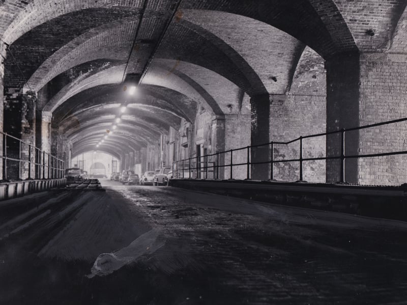 The Dark Arches, running beneath Leeds City Station towards Neville Street, pictured in March 1969