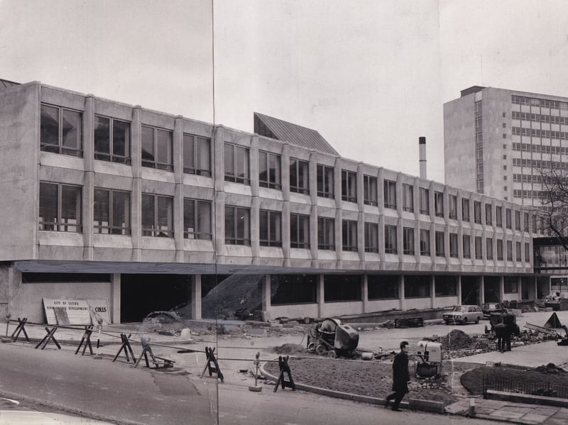 Part of the extensions to Leeds Civic Hall, pictured in March 1969. Seen in the background is the building housing Kitson College.