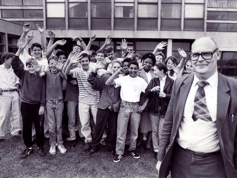 Pupils at Hinde House School in Sheffield wish headteacher Alan Hill good luck for the future as he retires after 25 years in July 1989