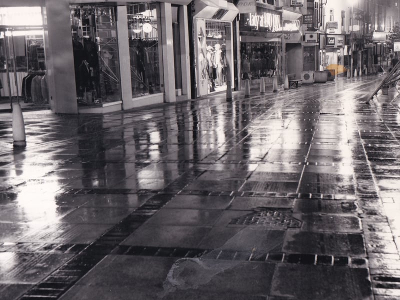 A deserted Leeds city centre street in October 1987