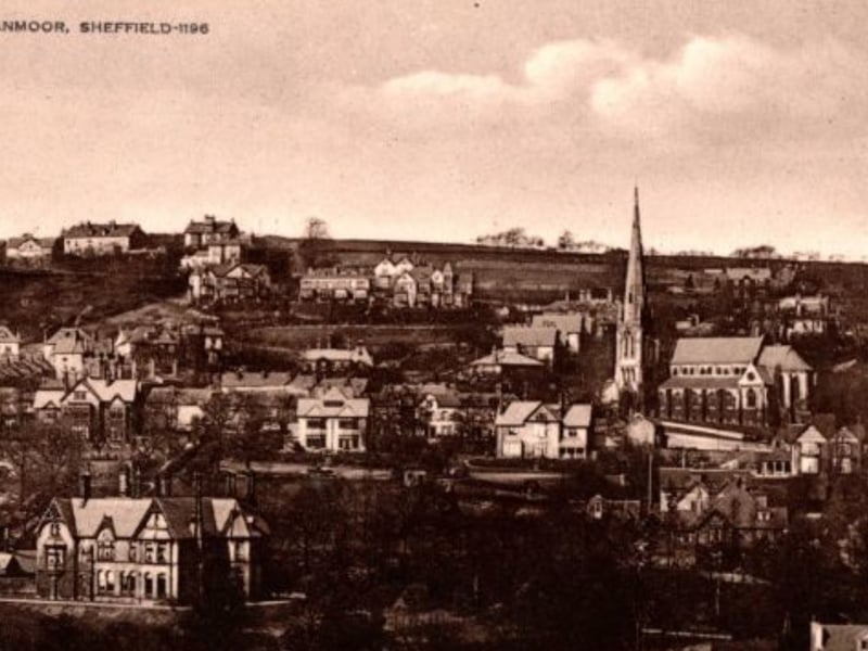 A panoramic view of Ranmoor, Sheffield, some time between 1900 and 1919, showing St. John's C of E Church, Fulwood Road