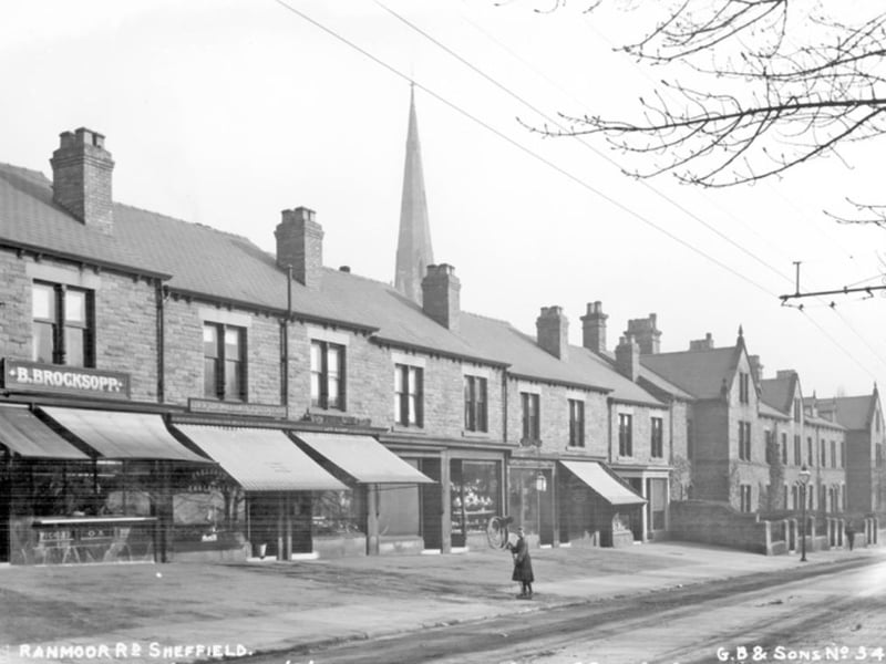 Shops on Fulwood Road, Ranmoor, Sheffield, in 1906, including Benjamin Brocksopp, butcher; and Mary Ann Brammer, confectioner