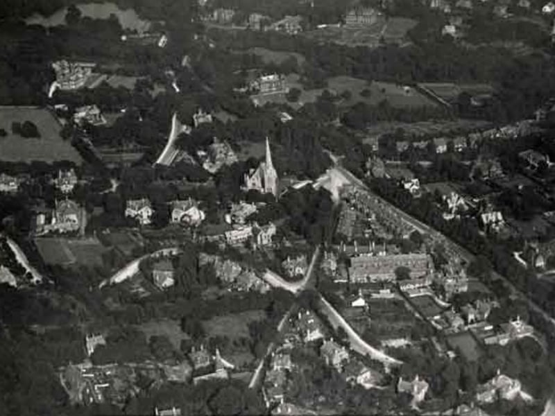 An aerial view of Ranmoor, Sheffield, some time between 1920 and 1939, including (top left) Thornbury and (centre) St. John C of E Church, Fulwood Road