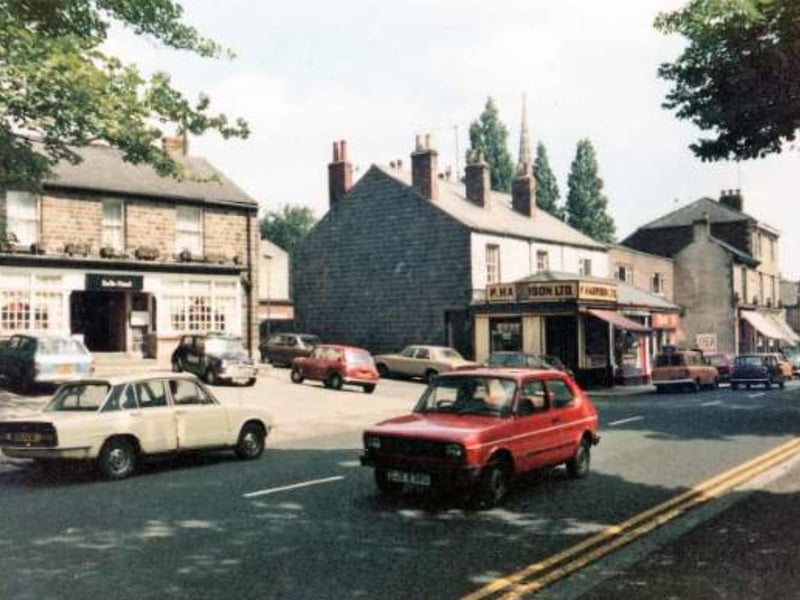Fulwood Road, Ranmoor, Sheffield, in 1980, showing the Bull's Head Hotel and Peter Harrison butchers