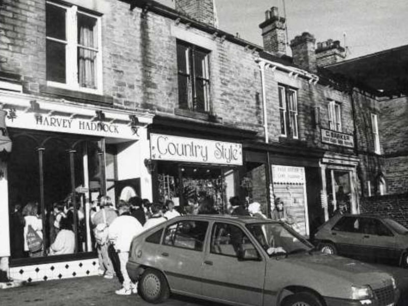 Shops on Fulwood Road, Ranmoor, Sheffield, some time between 1980 and 1999, including Harvey Haddock fish and chips, Country Style outfitters, Paul Butler gents hairdresser, and C. Barker shoe repairs