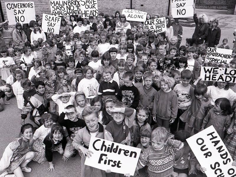 Pupils and teachers protest against the plans to close Norfolk Park Middle and Secondary Schools, in Sheffield, in June 1991