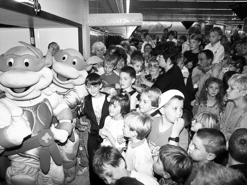 The Teenage Mutant Ninja Turtles entertain the crowd at Meadowhall Savacentre in September 1990