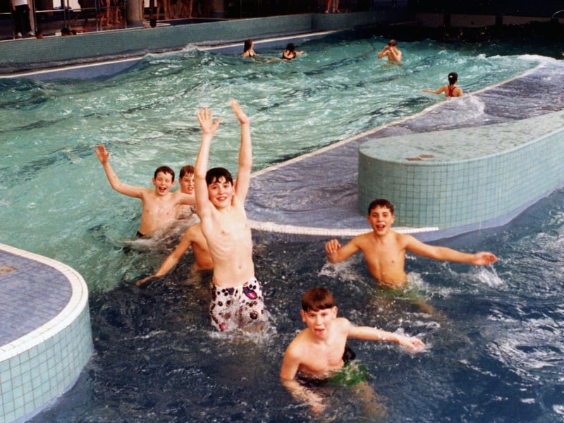 Fun in the newly opened pool at Ponds Forge, Sheffield, in 1991