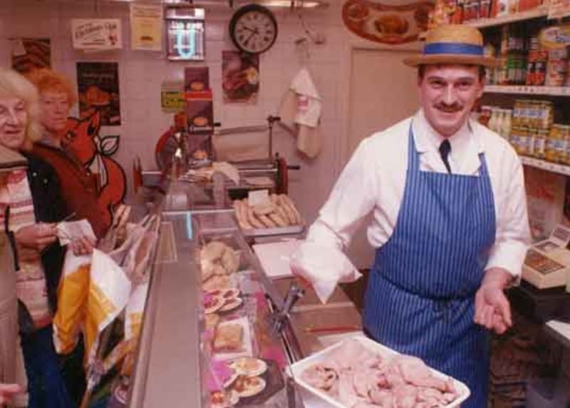 Jim Samworth, butcher, at his shop on Middlewood Road, Hillsborough, Sheffield, in 1993