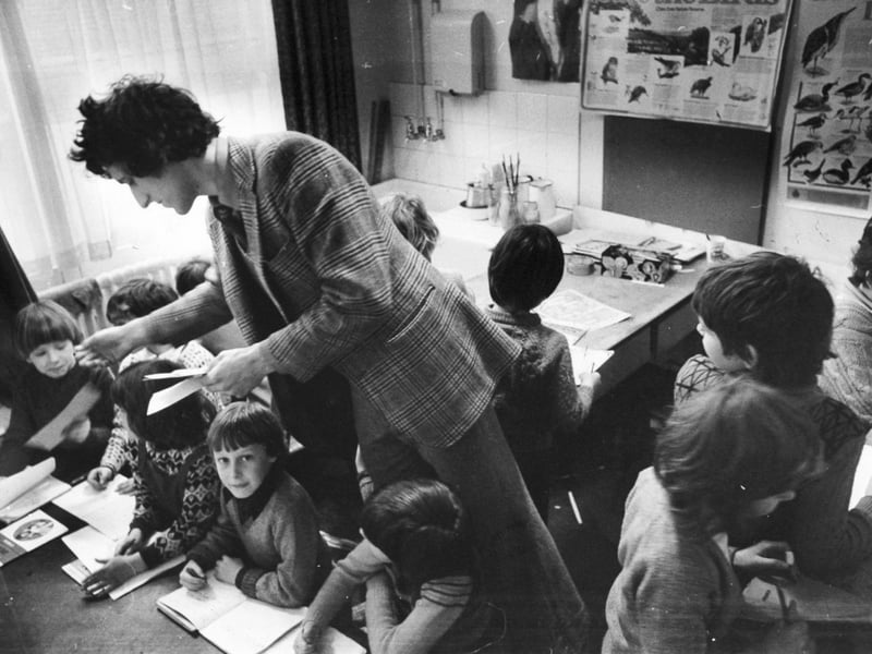 Deputy headteacher, Mr Singleton is pictured using a 12ftx9ft medical room to teach 14 pupils at Park Spring Primary School, Leeds, in March 1977