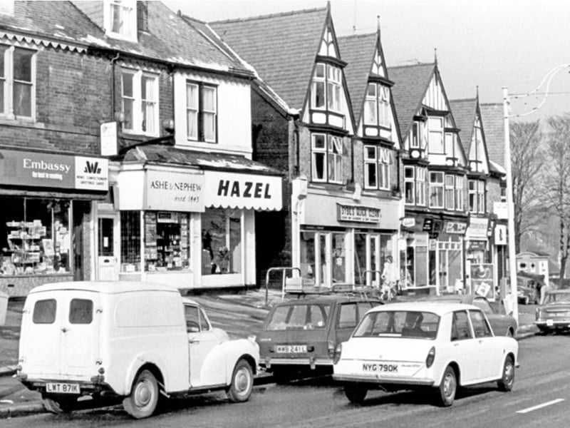 Shops on Fulwood Road, Nether Green, Sheffield, in February 1974