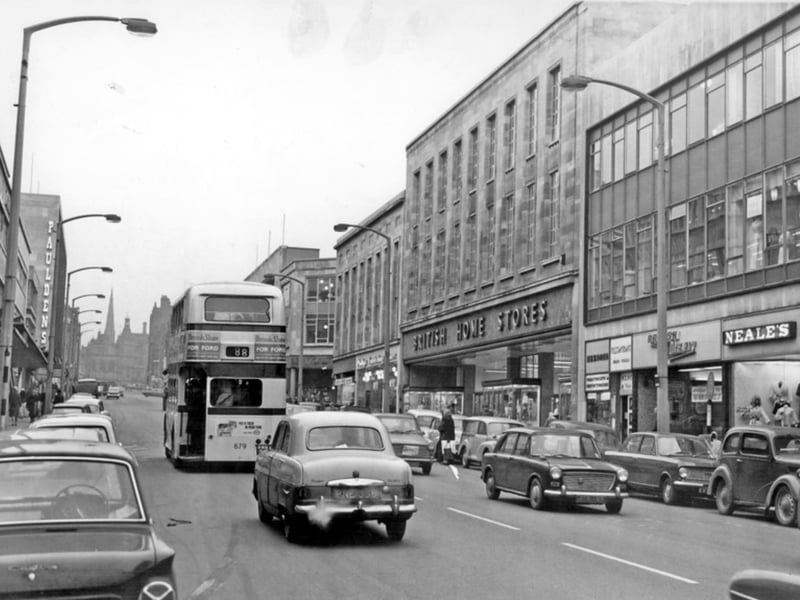 The Moor, Sheffield, in 1966, showing shops including Pauldens, British Home Stores, and Neales ladies' outfitters