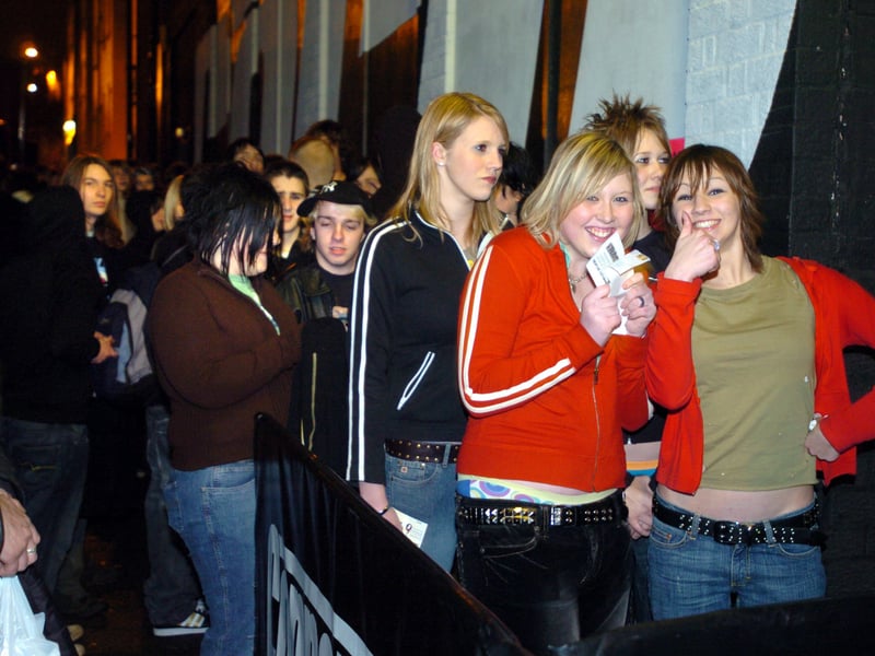 Fans queue outside Corporation nightclub, on Milton Street, Sheffield, to see Fightstar, fronted by Busted band member Charlie Simpson, in January 2005