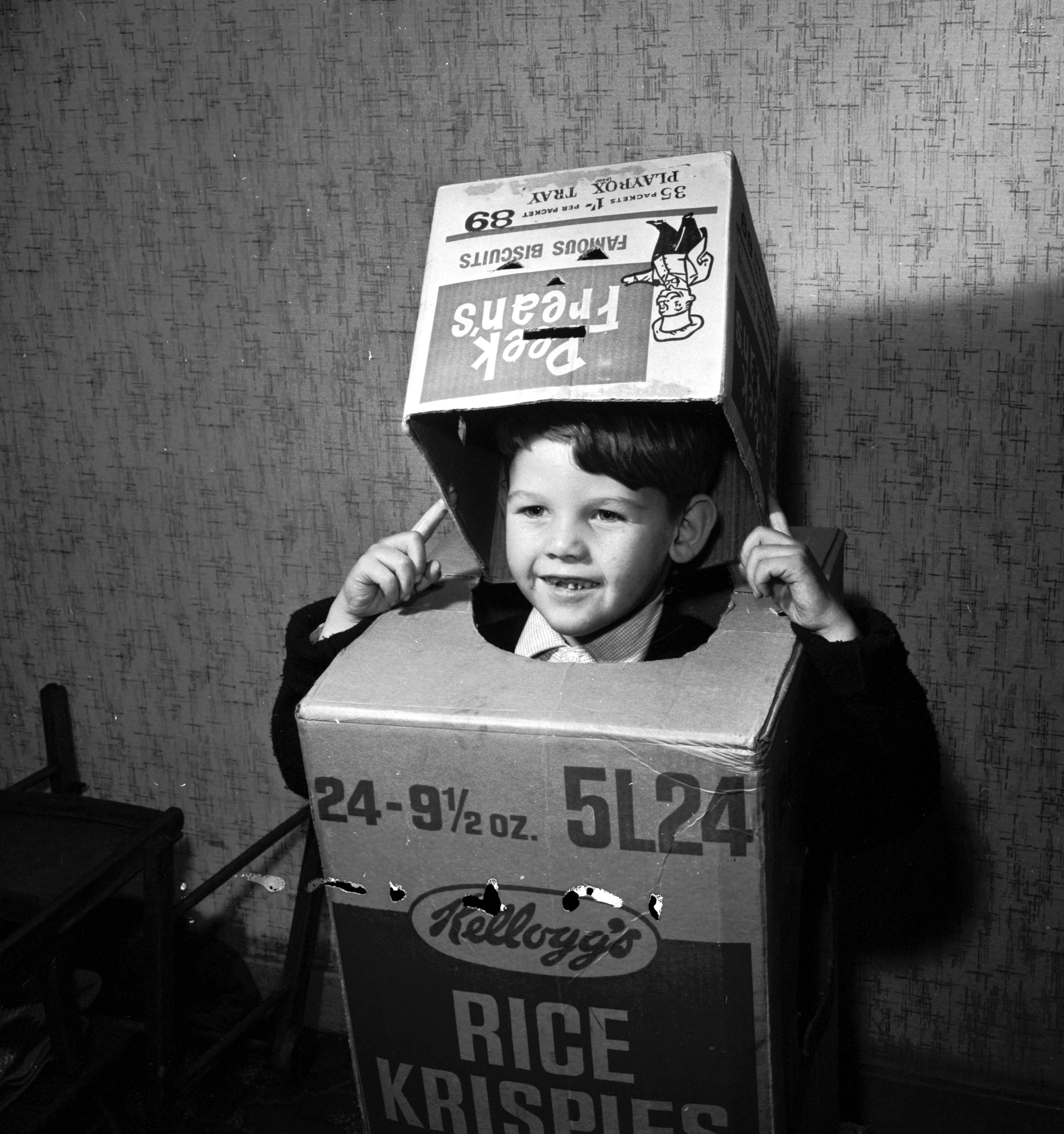 Michael Haughian, Hoseason Gardens, Clermiston Edinburgh, dressed up in cardboard boxes as a Dalek to go guising.