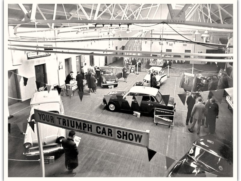 The Triumph Car Show was held at Loxhams Motor Garage Showroom, Preston in 1960. Image courtesy of Chris Barton and Preston Digital Archive.